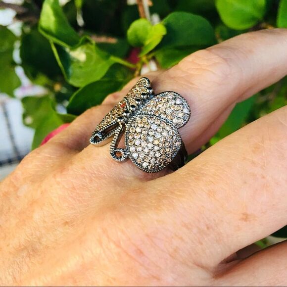 Brass butterfly ring ruthenium AAA grade CZ Ring - Picture 5 of 11